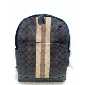 Coach Brown Signature Canvas Backpack with Tan Center Stripe